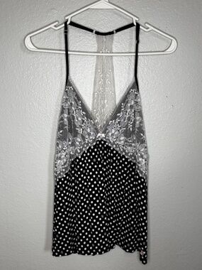 Victoria's Secret Black and White Polkadot Racerback Chemise With Lace Detail